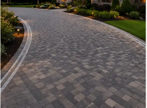Cobblestone paver driveway with landscape lighting in Kent County, Delaware