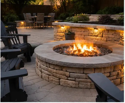 Patio pavers with fire pit and seat wall in Kent County, Delaware
